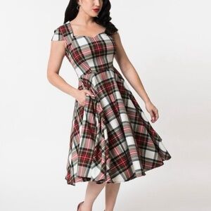 Hell Bunny Vixen Tartan Midi Dress in Red, Green, Cream Plaid